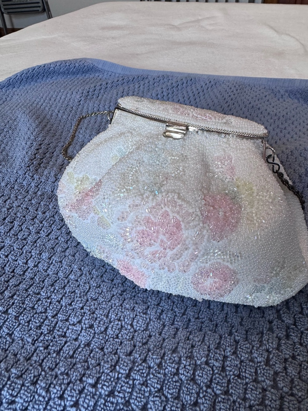 Beaded Floral Evening Bag - White and Pink